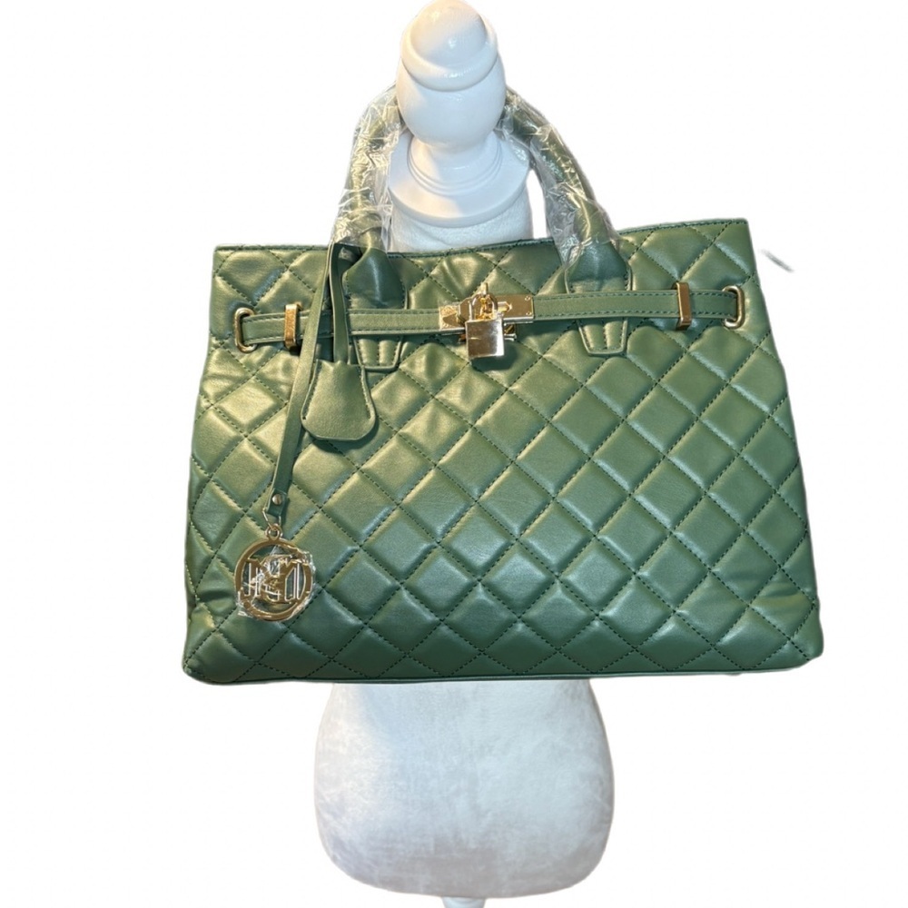 Bagley Mischka Quilted Weekender Tote Bag Green Vegan Diamond Pattern NWT